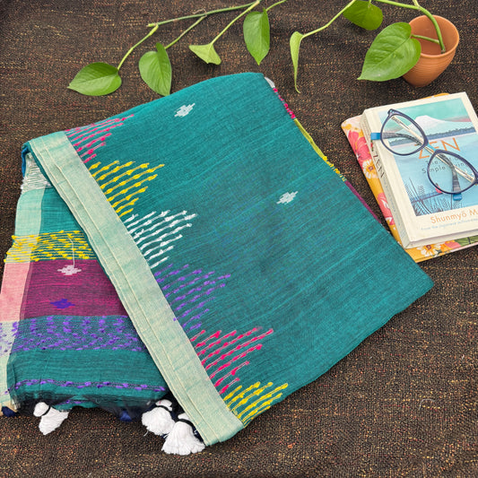 Green Handloom Cotton Saree with Multicolored Pallu