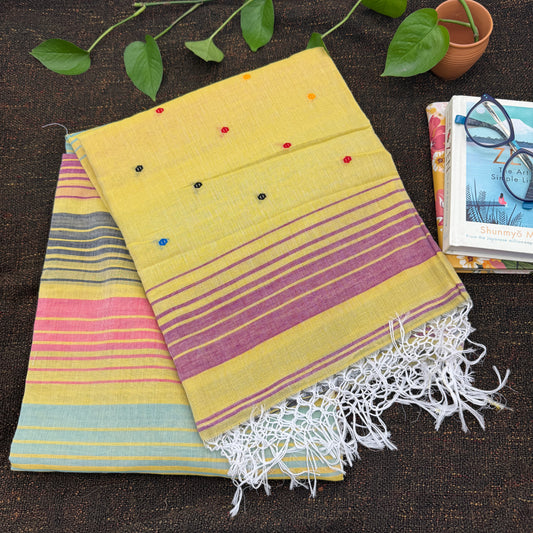 Yellow Cotton Handloom Saree with Rainbow Stripes