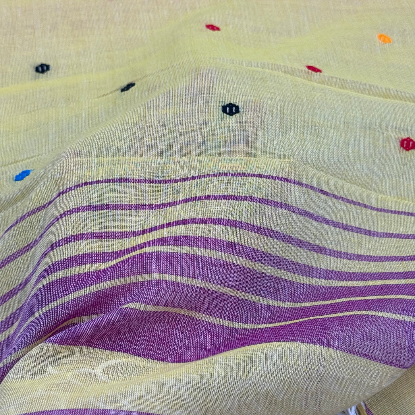 Yellow Cotton Handloom Saree with Rainbow Stripes