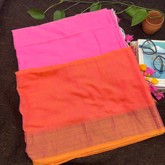 Pink and Orange Handloom Cotton Saree