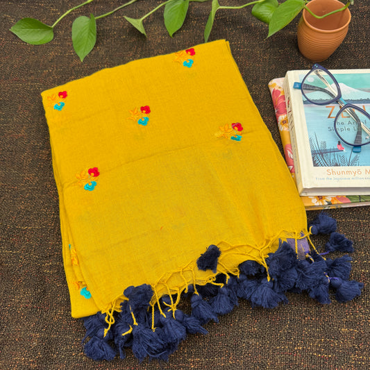Mustard Mul Cotton Saree with Floral Embroidery