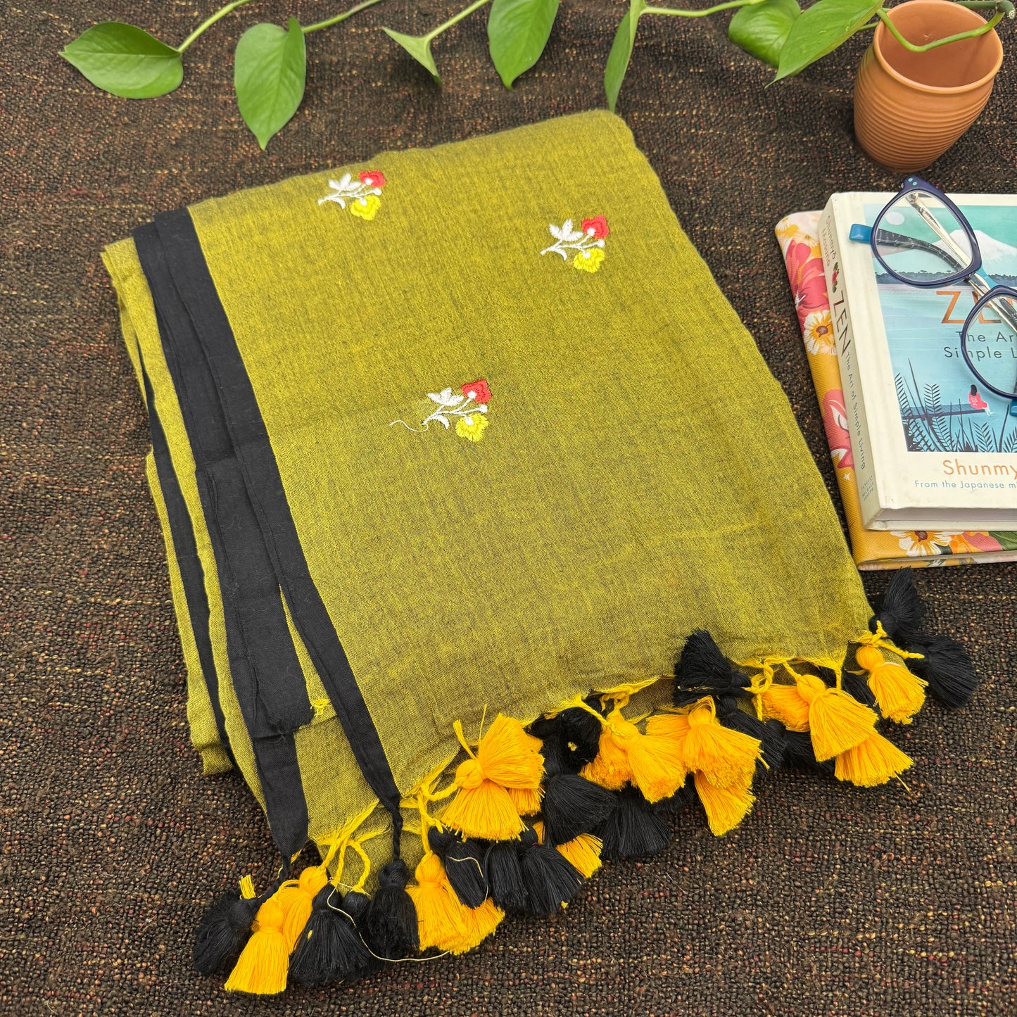 Olive Green Mul Cotton Saree with Floral Embroidery
