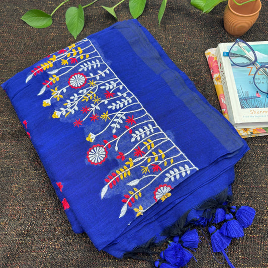Royal Blue Khadi Cotton Saree with Multicolor Floral Embroidery
