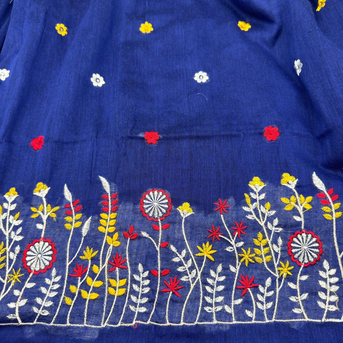 Royal Blue Khadi Cotton Saree with Multicolor Floral Embroidery