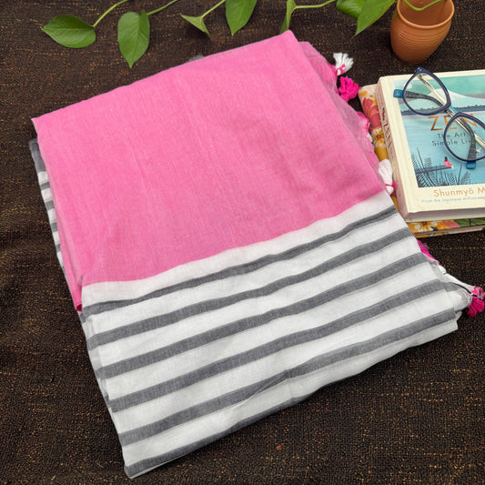 Pink & White Mul Cotton Sari with Grey Stripes