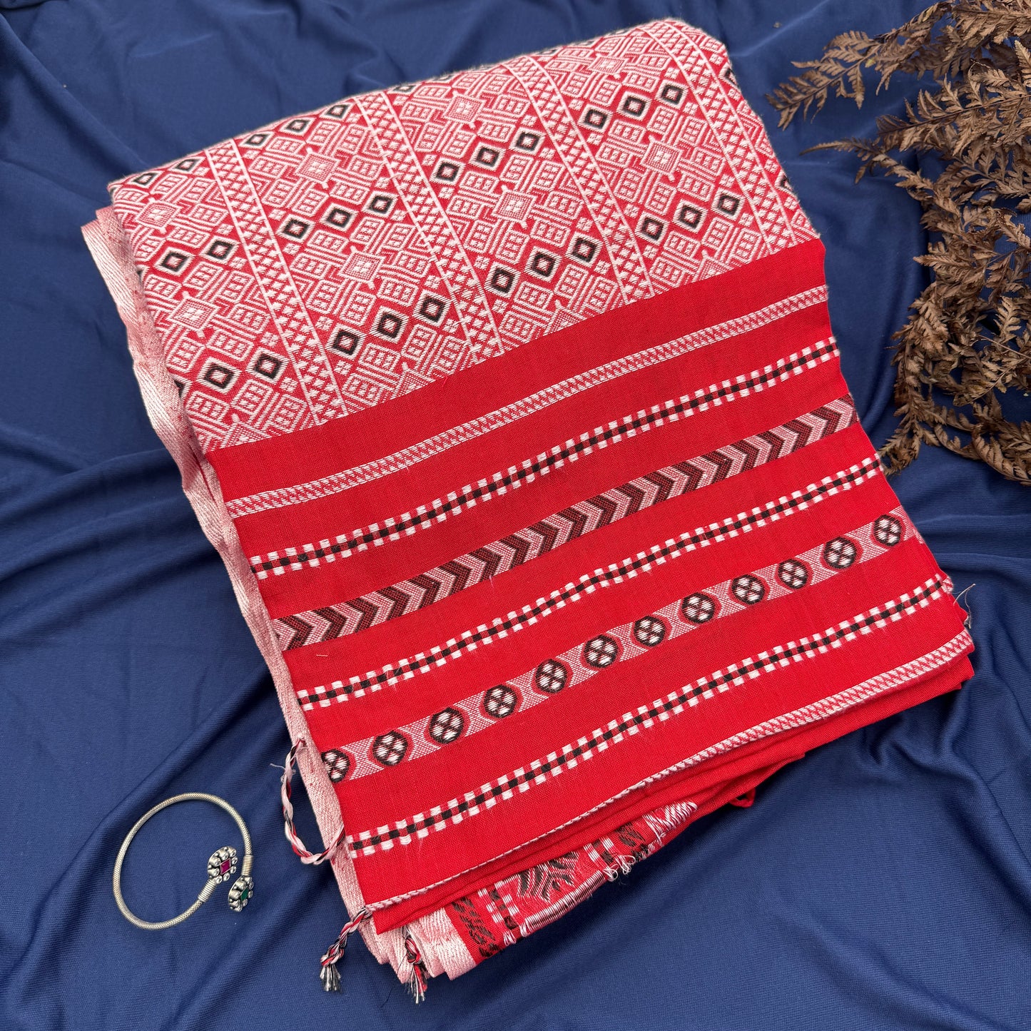 Rang Bihu - Red Handloom Cotton Saree with Assamese Motifs