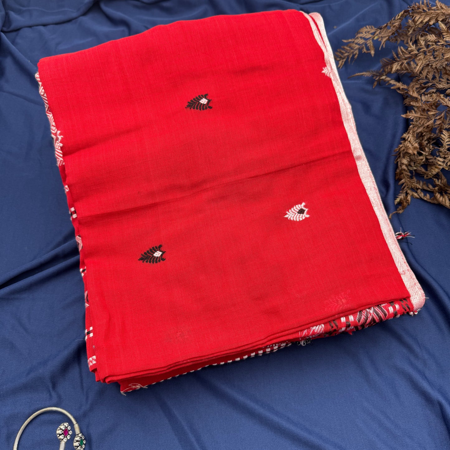 Rang Bihu - Red Handloom Cotton Saree with Assamese Motifs