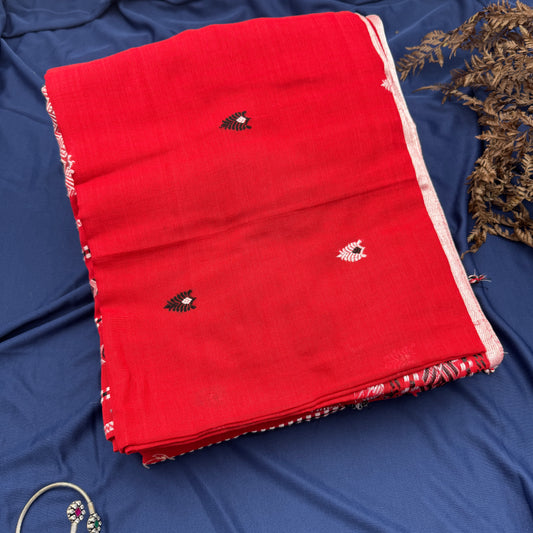 Rang Bihu - Red Handloom Cotton Saree with Assamese Motifs