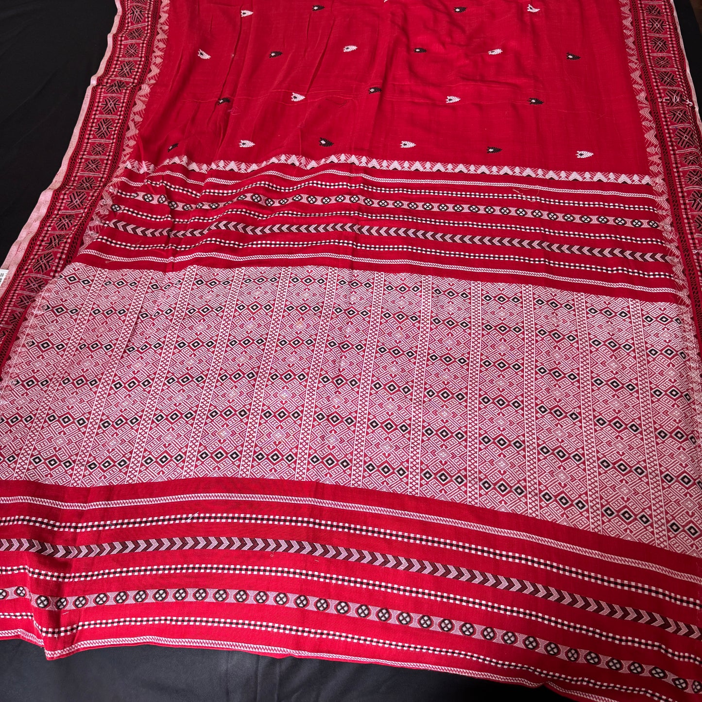 Rang Bihu - Red Handloom Cotton Saree with Assamese Motifs