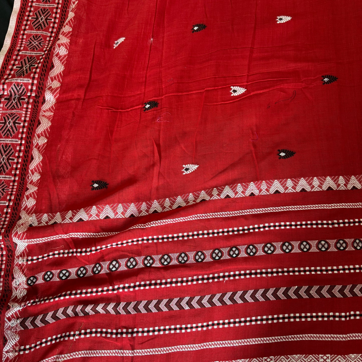 Rang Bihu - Red Handloom Cotton Saree with Assamese Motifs