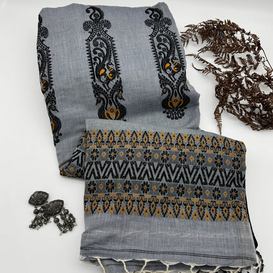 Dhupor Bonti - Grey Cotton Assam Handloom Saree