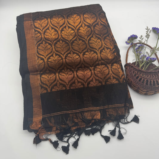 Raunak - Black Cotton-Silk Saree with Copper Zari