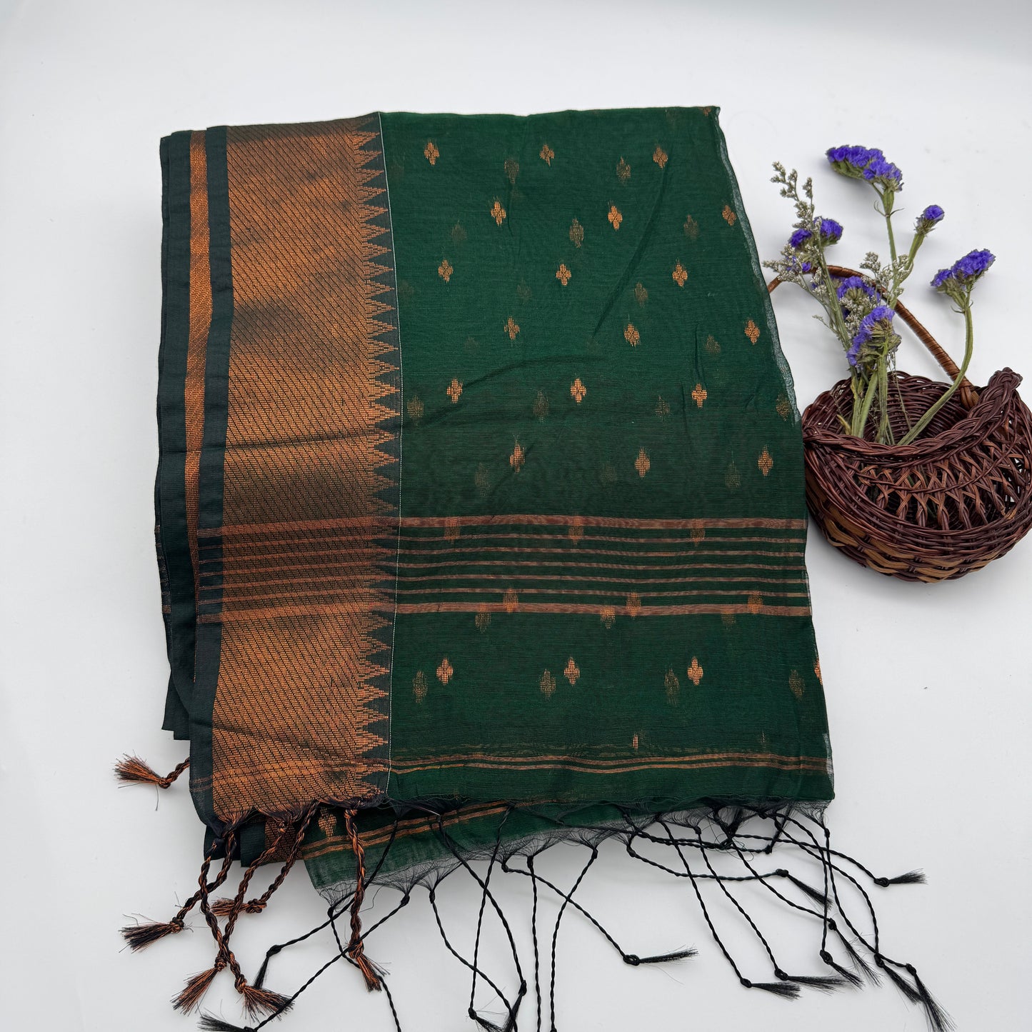 Bonolota - Green Handloom Cotton Saree with Copper Zari