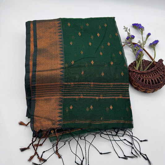 Bonolota - Green Handloom Cotton Saree with Copper Zari