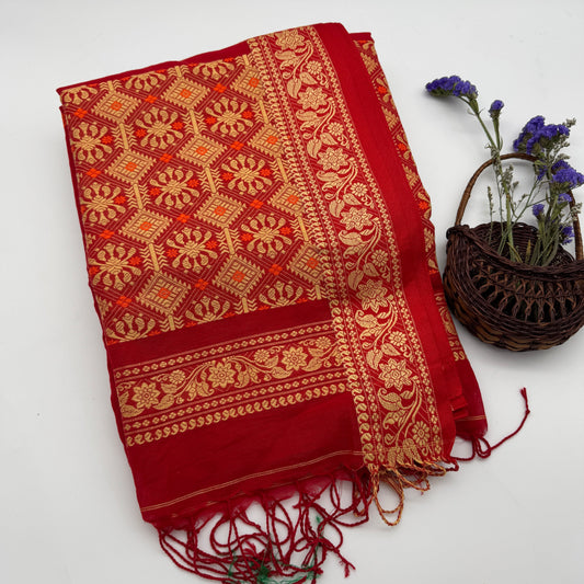 Raktakamal: Red Assam Handloom Cotton Saree