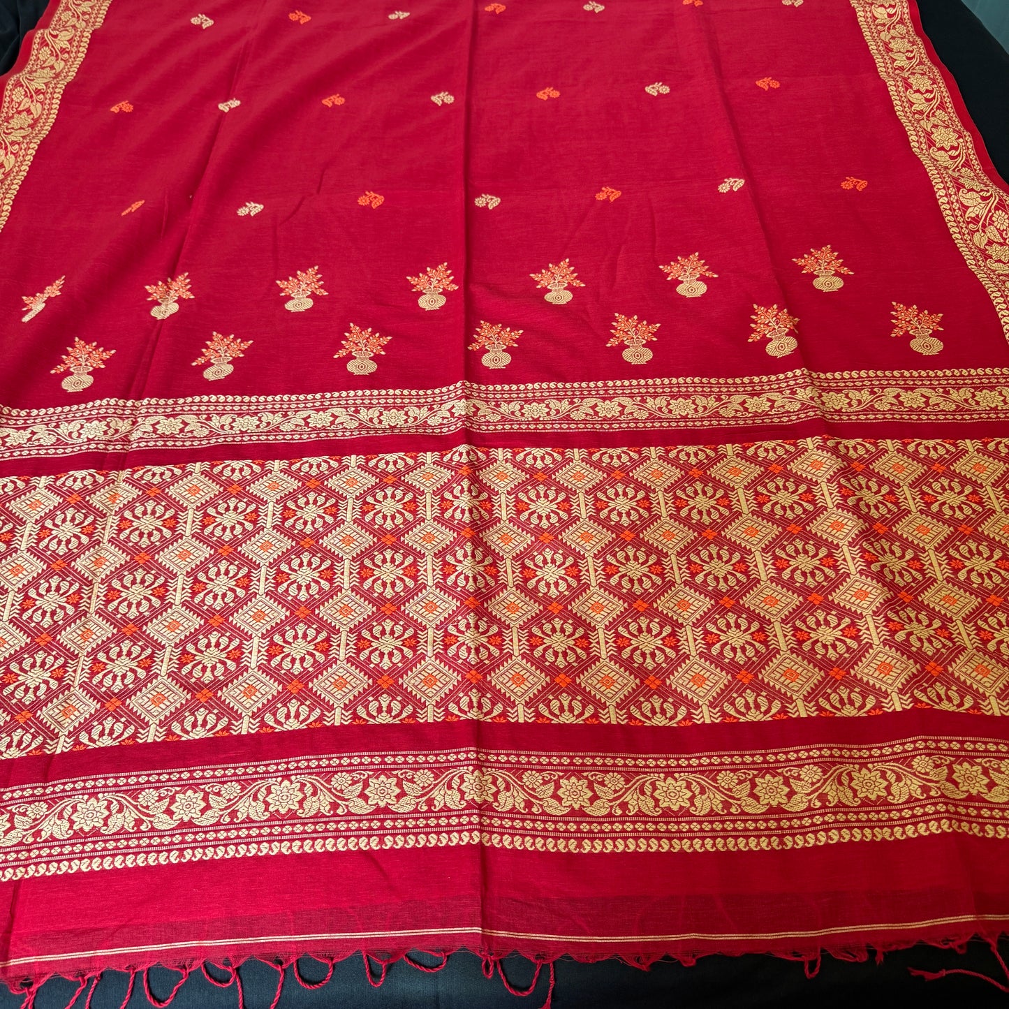 Raktakamal: Red Assam Handloom Cotton Saree