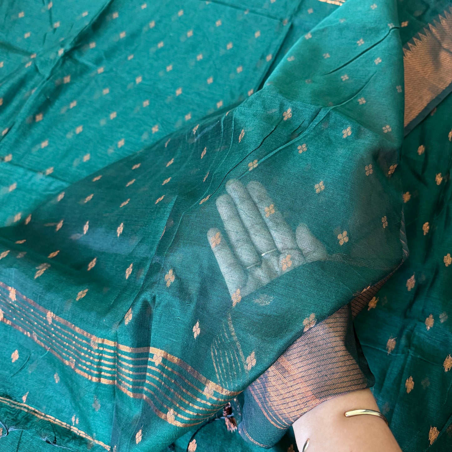 Bonolota - Green Handloom Cotton Saree with Copper Zari