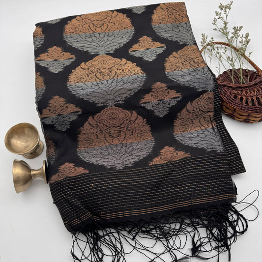 Black Ghicha Matka Silk Saree with Zari Motifs