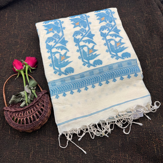 Neelabho - White Cotton Handloom Saree with Blue Jamdani Design