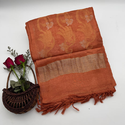 Rudra Raga: Orange Tussar Silk Saree with Gold Jamdani Motifs