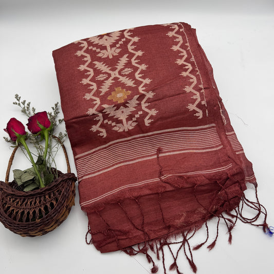 Mahogany Dhaga: Brown Tussar Silk Saree with Jamdani Motifs