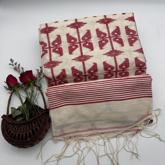 Pakhibas: White & Red Tussar Silk Saree