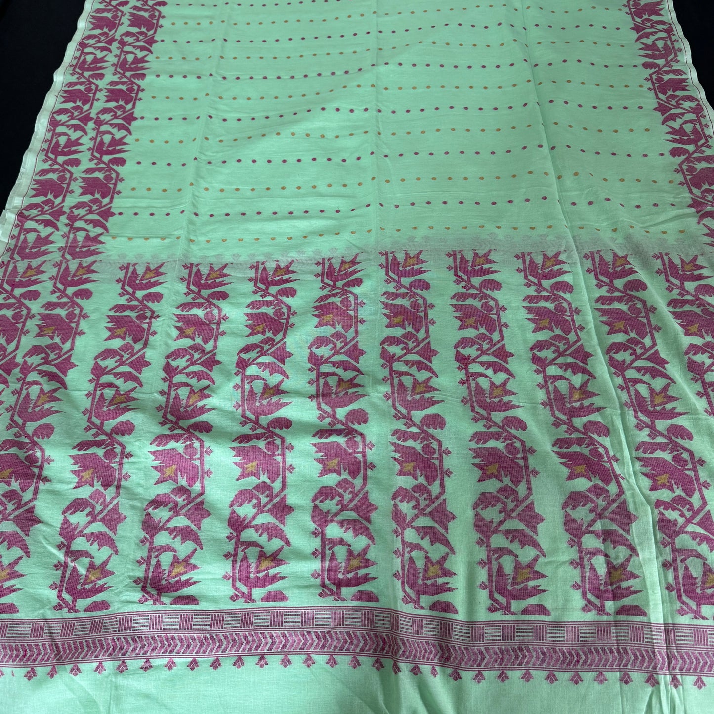 Phulbari: Green Handloom Cotton Saree with Pink Jamdani Floral Motifs