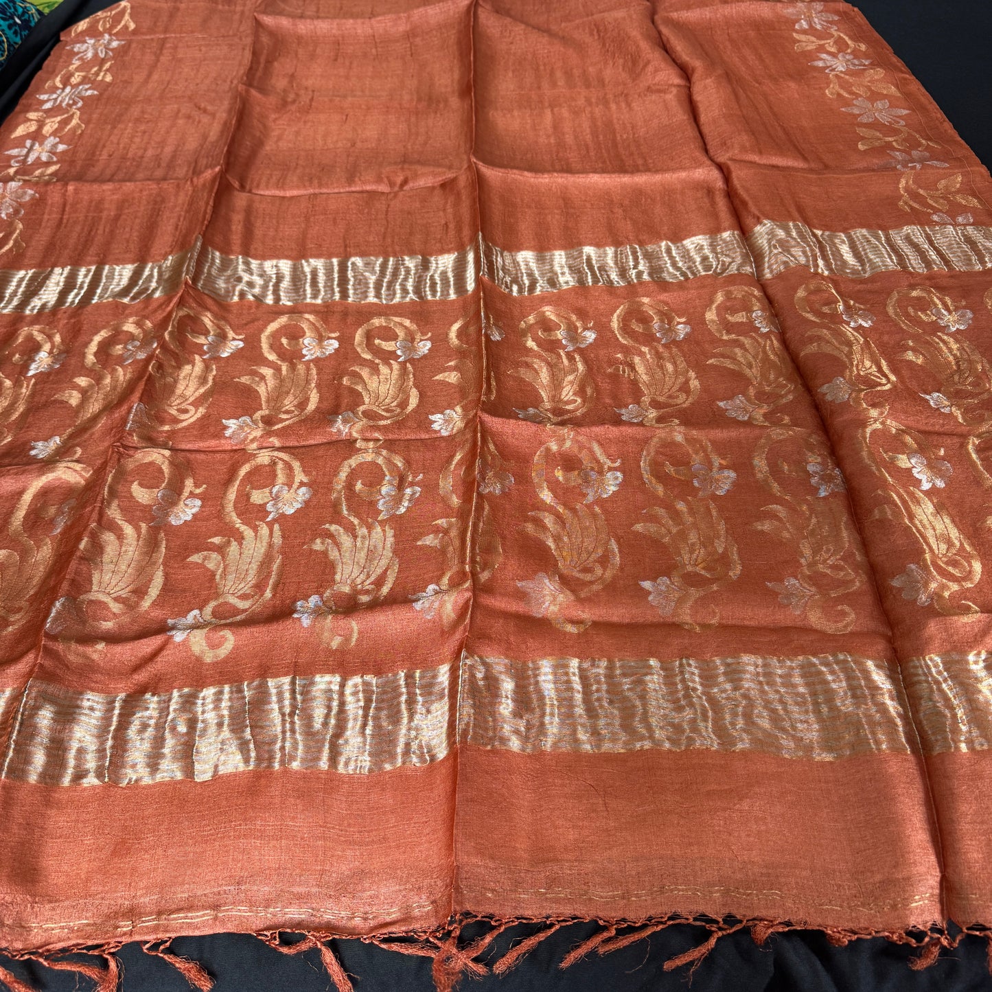 Rudra Raga: Orange Tussar Silk Saree with Gold Jamdani Motifs