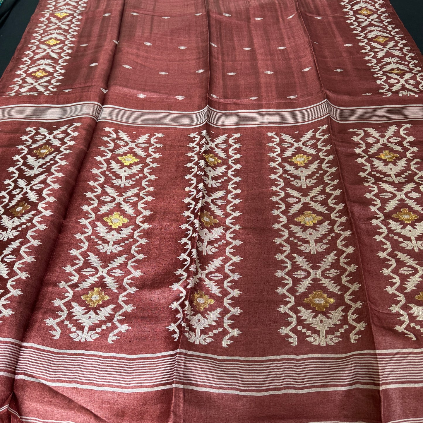 Mahogany Dhaga: Brown Tussar Silk Saree with Jamdani Motifs