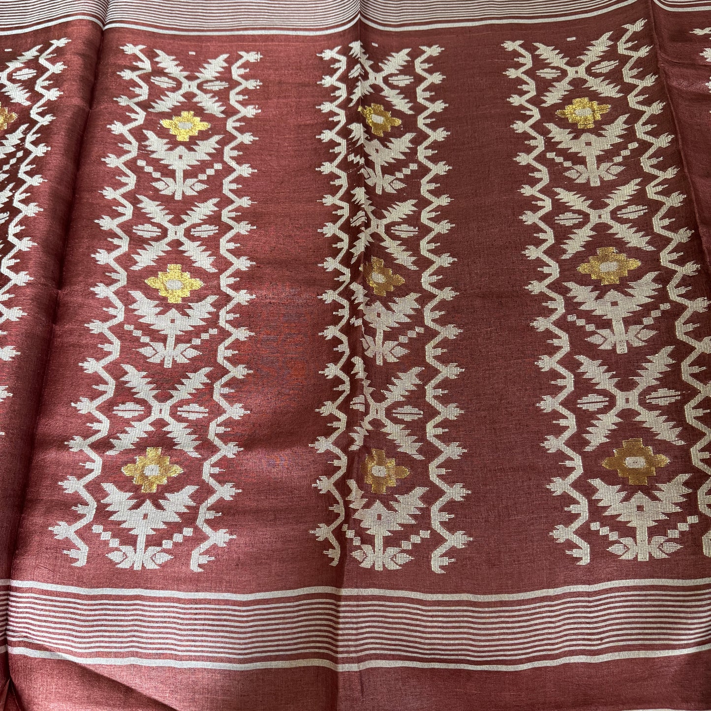 Mahogany Dhaga: Brown Tussar Silk Saree with Jamdani Motifs
