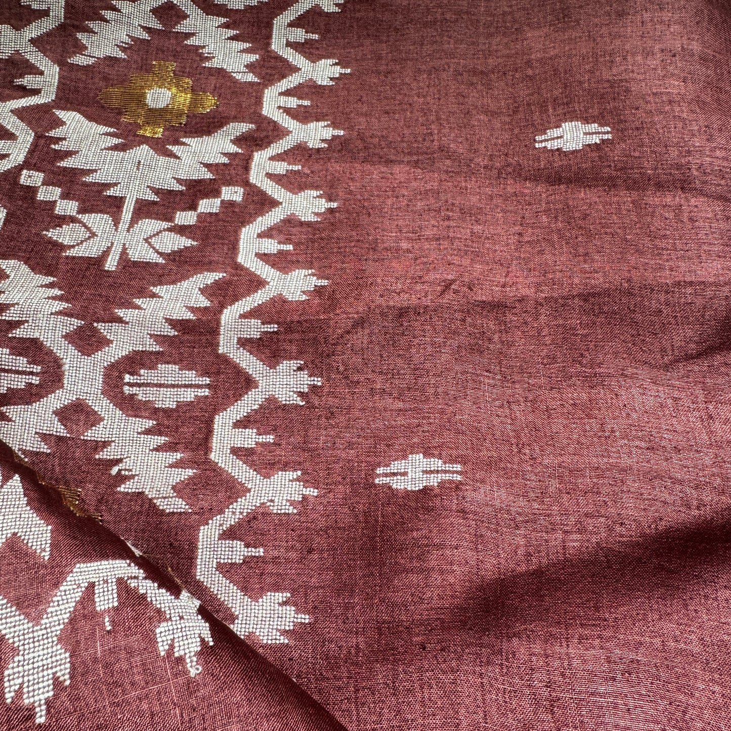 Mahogany Dhaga: Brown Tussar Silk Saree with Jamdani Motifs