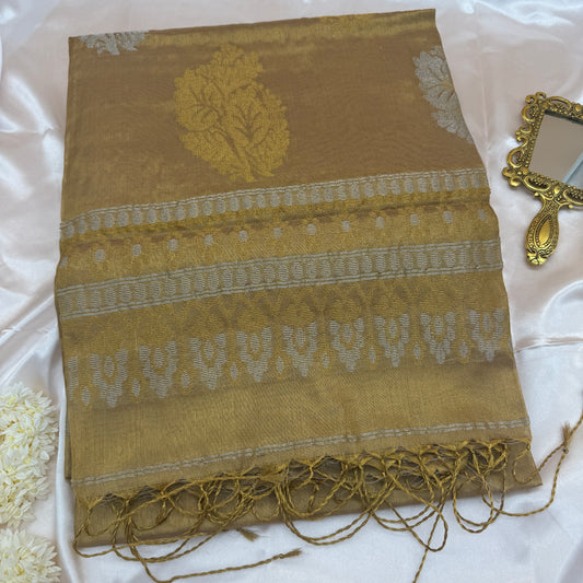 Svarnarekha: Golden Tissue Silk Saree with Antique Leaf Motifs
