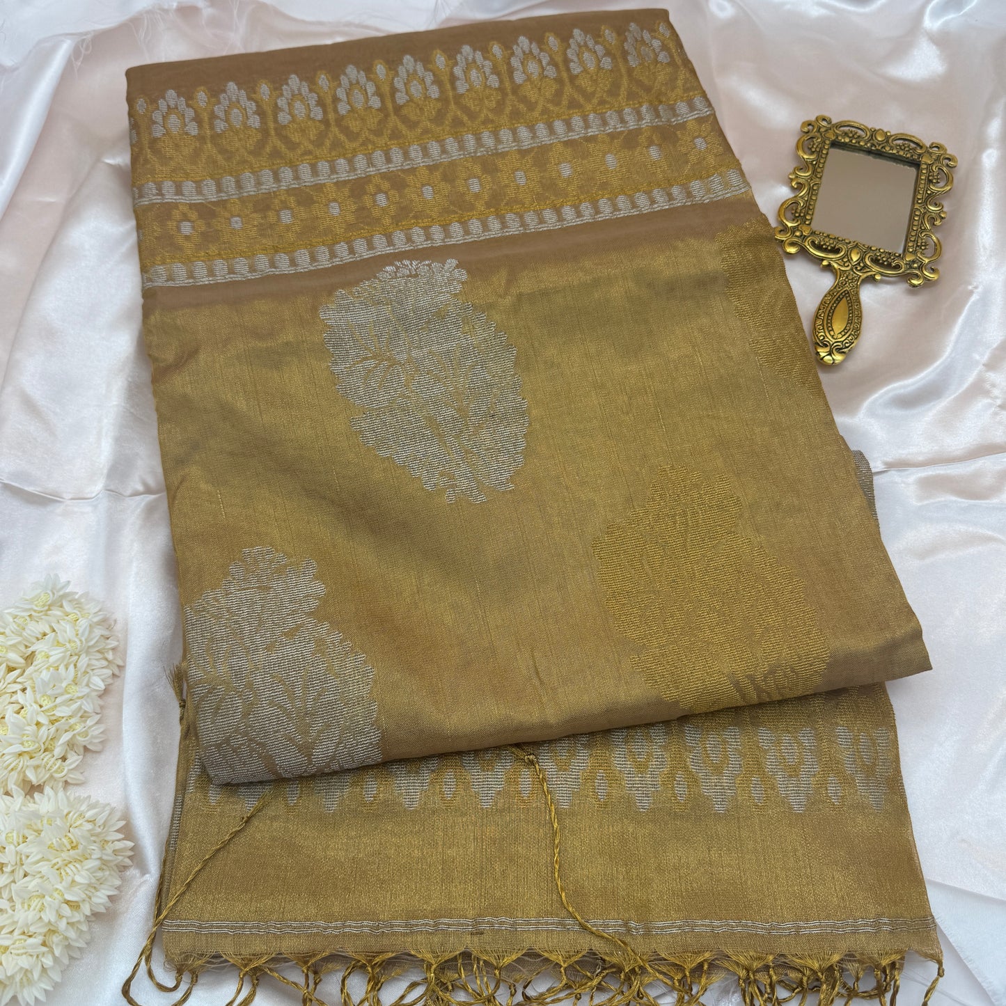 Svarnarekha: Golden Tissue Silk Saree with Antique Leaf Motifs
