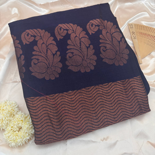 Neelvalli: Navy blue Cotton Saree with Kanjeevaram-inspired motifs