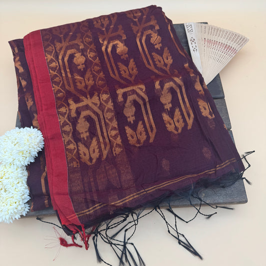 Gulnaar: Maroon Silk-Cotton Saree with Zari motifs