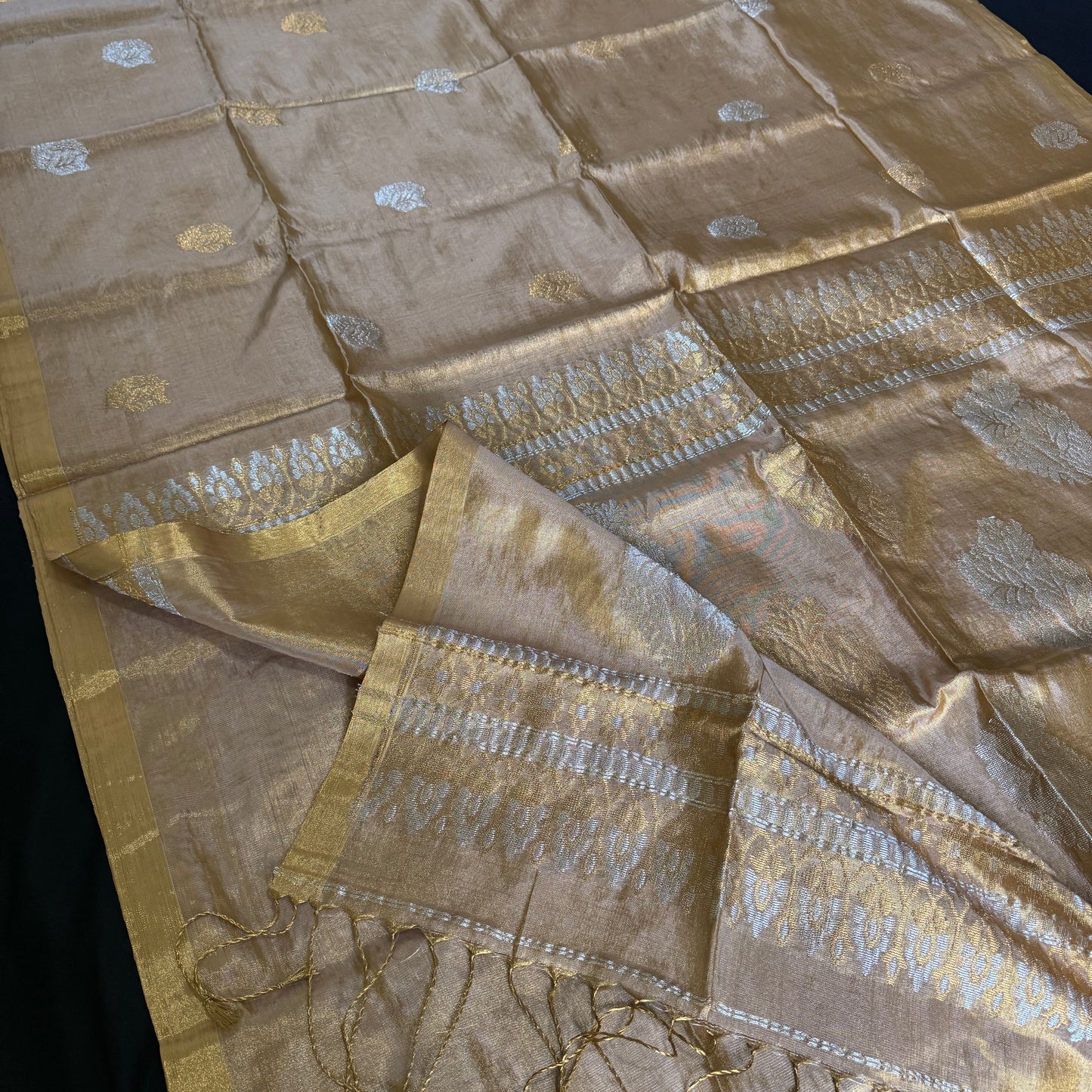 Svarnarekha: Golden Tissue Silk Saree with Antique Leaf Motifs