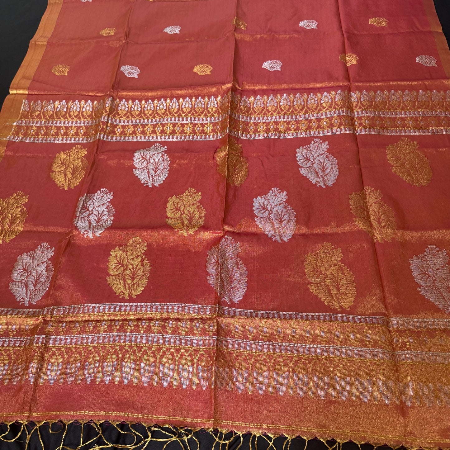 Kesar Tara: Orange Tissue Silk Saree