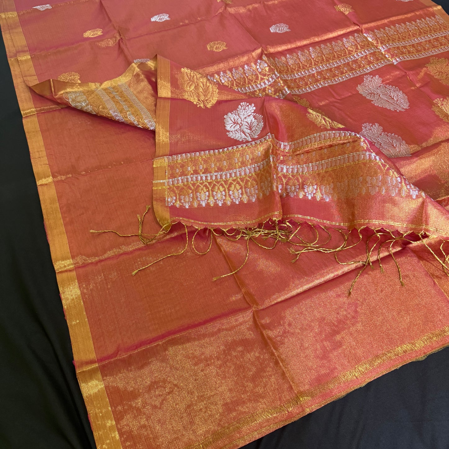 Kesar Tara: Orange Tissue Silk Saree