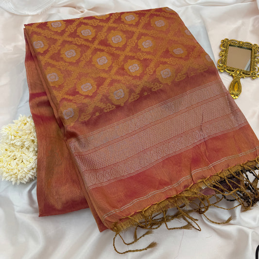 Kesar Leher: Orange Tissue Silk Saree