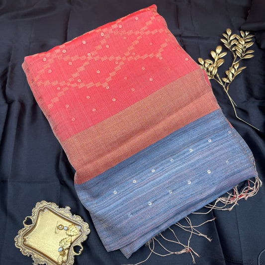 Raagshree: Grey & Red Handwoven Matka Silk Saree