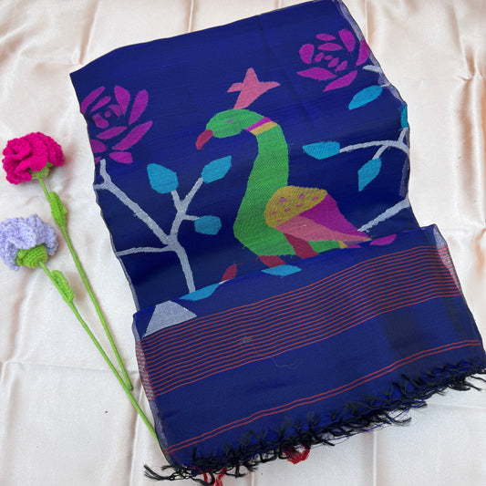Moyurborna: Navy Blue Handwoven Matka Silk Saree