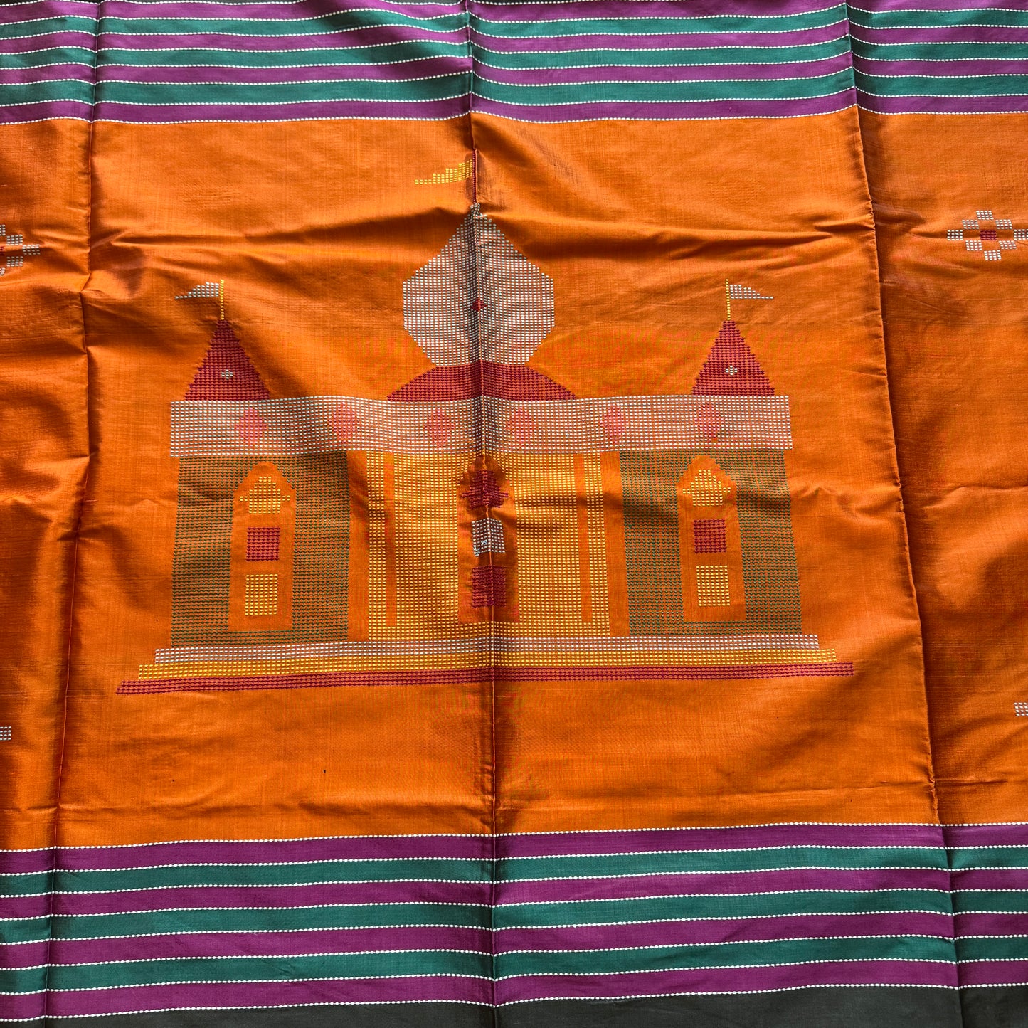 Mondir-Mohona: Orange and Black Katan Silk Saree