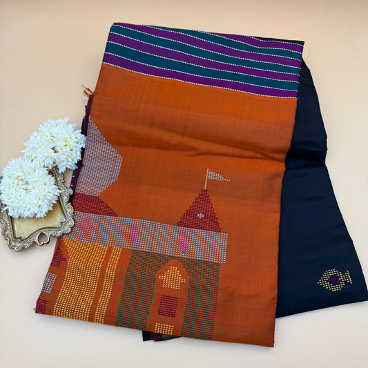 Mondir-Mohona: Orange and Black Katan Silk Saree