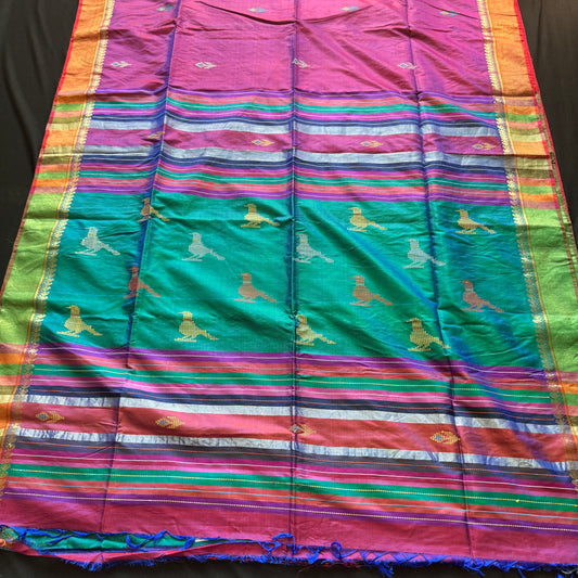 Ronger Pakhi: Magenta Katan Silk Saree with Multicolored Pallu
