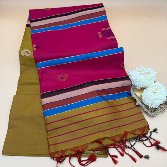 Basanta Phool: Yellow & Pink Katan Silk Saree