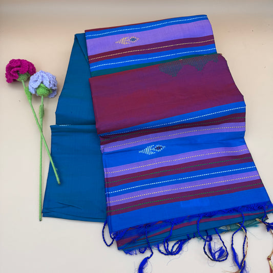 Projapoti Neel: Blue and Magenta Katan Silk Saree