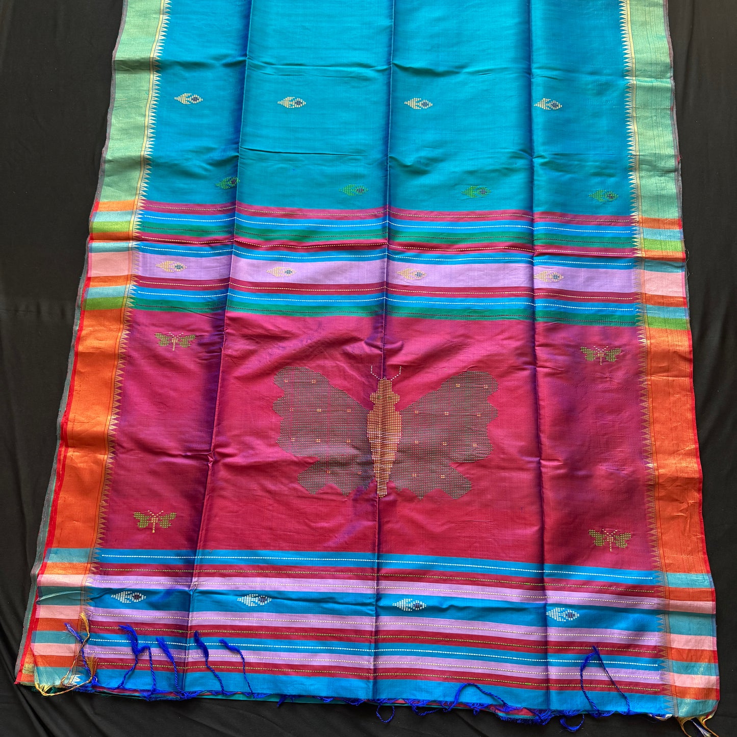 Projapoti Neel: Blue and Magenta Katan Silk Saree