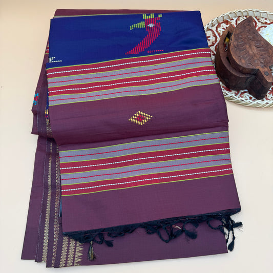 Mayurpankhi: Blue and Brown Katan Silk Saree