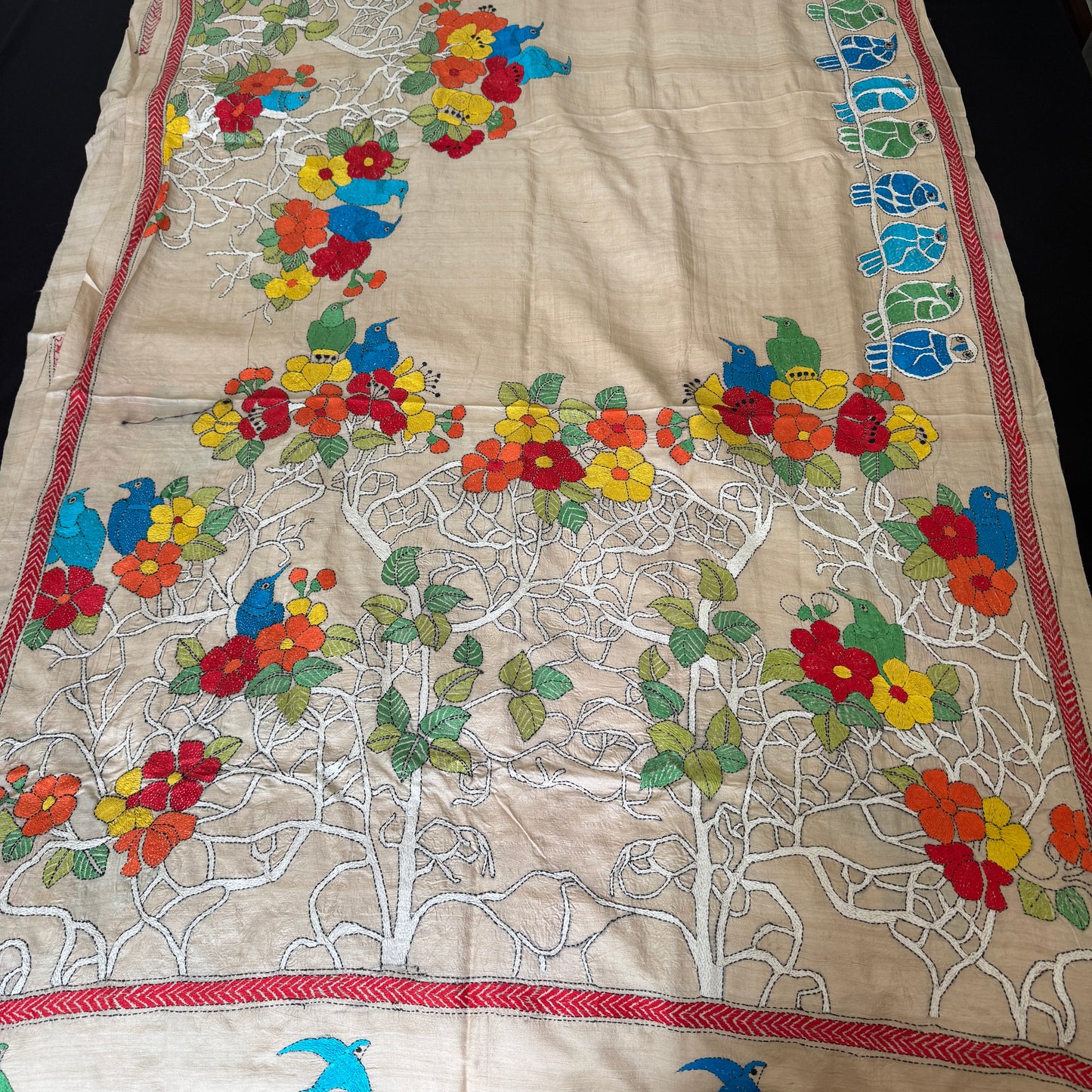 Paakhi Nritya: Beige Tussar Silk Kantha Saree