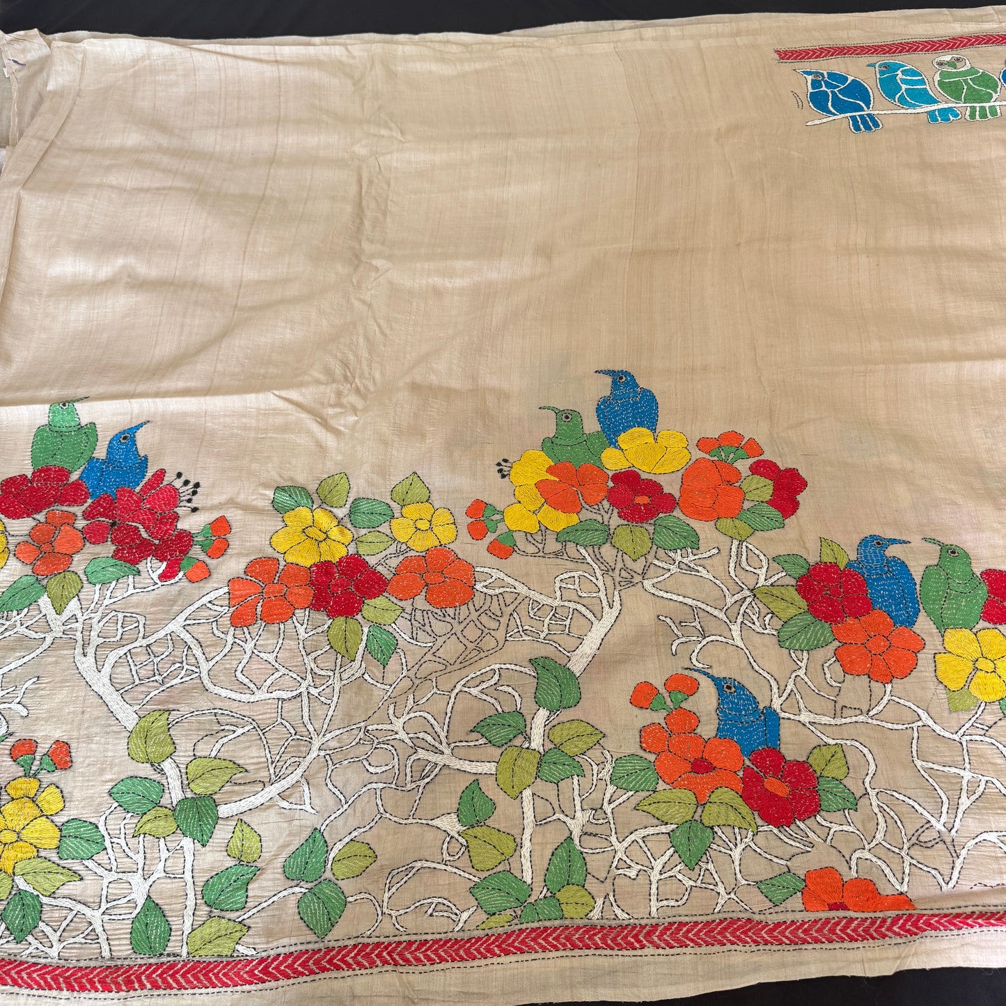 Paakhi Nritya: Beige Tussar Silk Kantha Saree